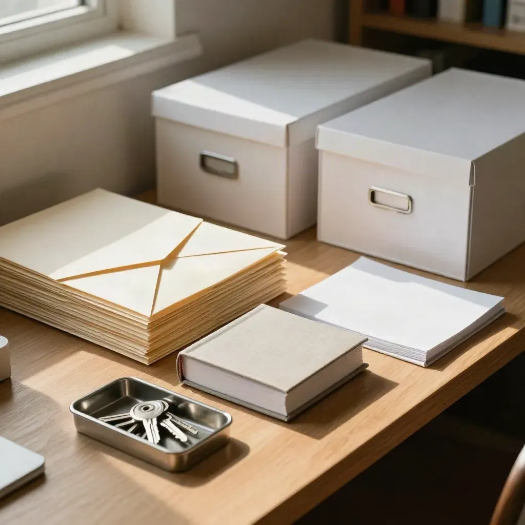 Admin-Support-Station mit Umschlagstapeln, Archivboxen, Schlüsselschale und geschlossenem Belegbuch.
