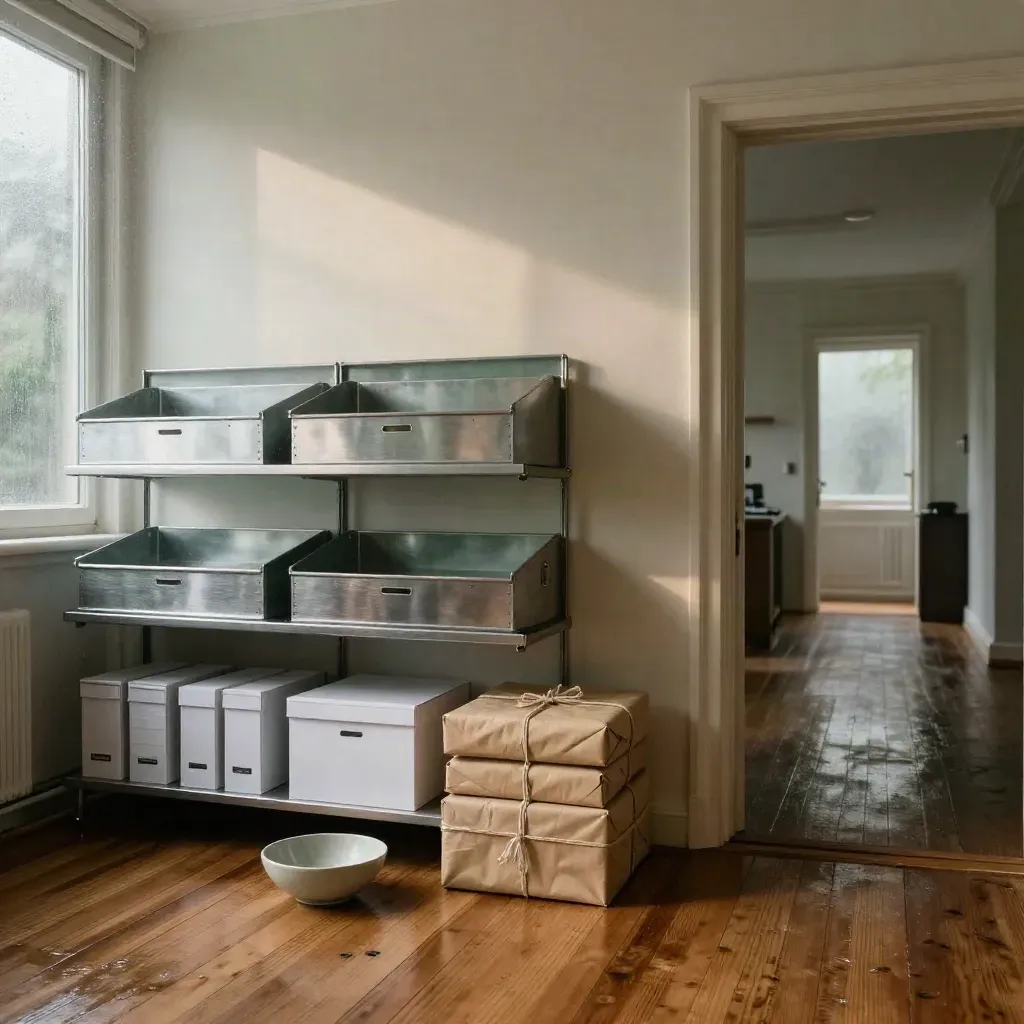 Berlinisches Büro-Loft nach Regen mit Kartons, Ablagen und ruhigem Flur im Morgenlicht
