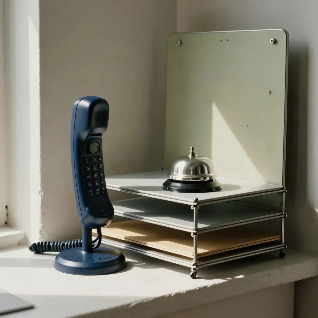 Kundenkoordination mit Telefon, Klingel und Ablagefächern in einem Berliner Büro