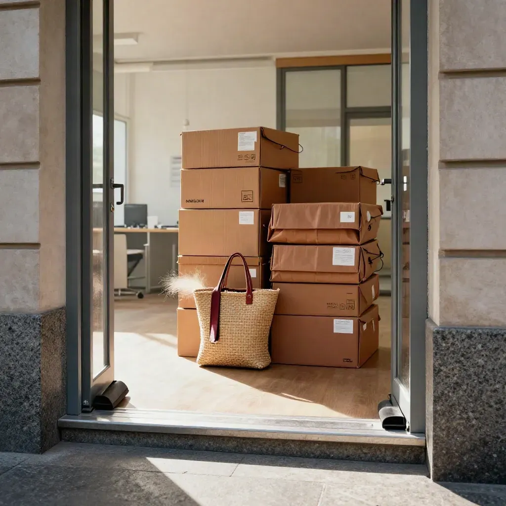 Breite Türöffnung im Berliner Büro mit Paketen, Posttaschen, Türkeil und Tragetasche