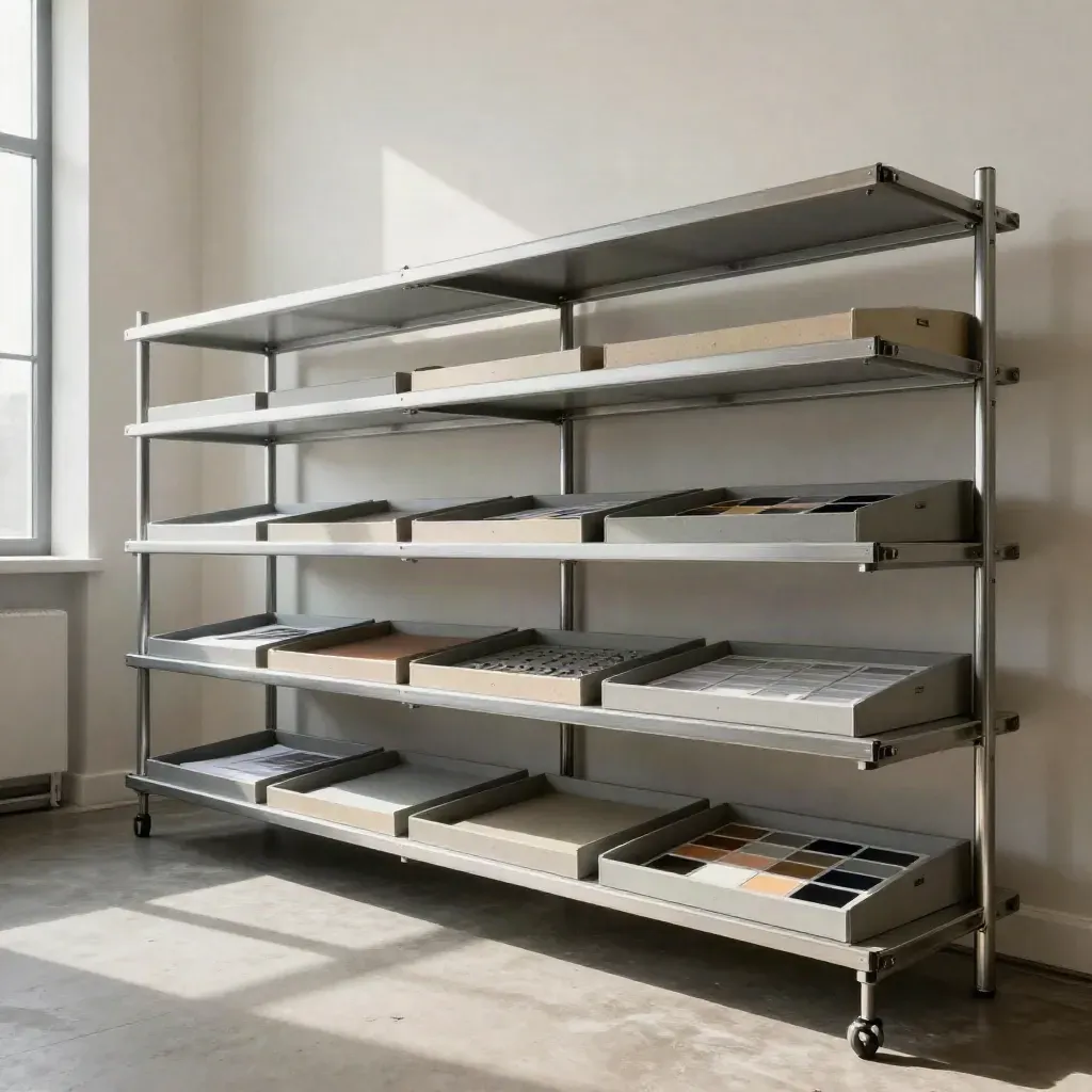 Modulare Regale mit vier Rollenfächern in einem leeren Berliner Studio, dramatisches Licht.