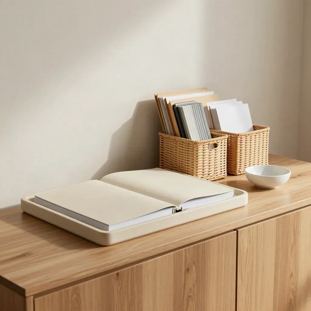Praxis-Sideboard mit Postablage, Ordner und Körben im ruhigen Empfangsbereich