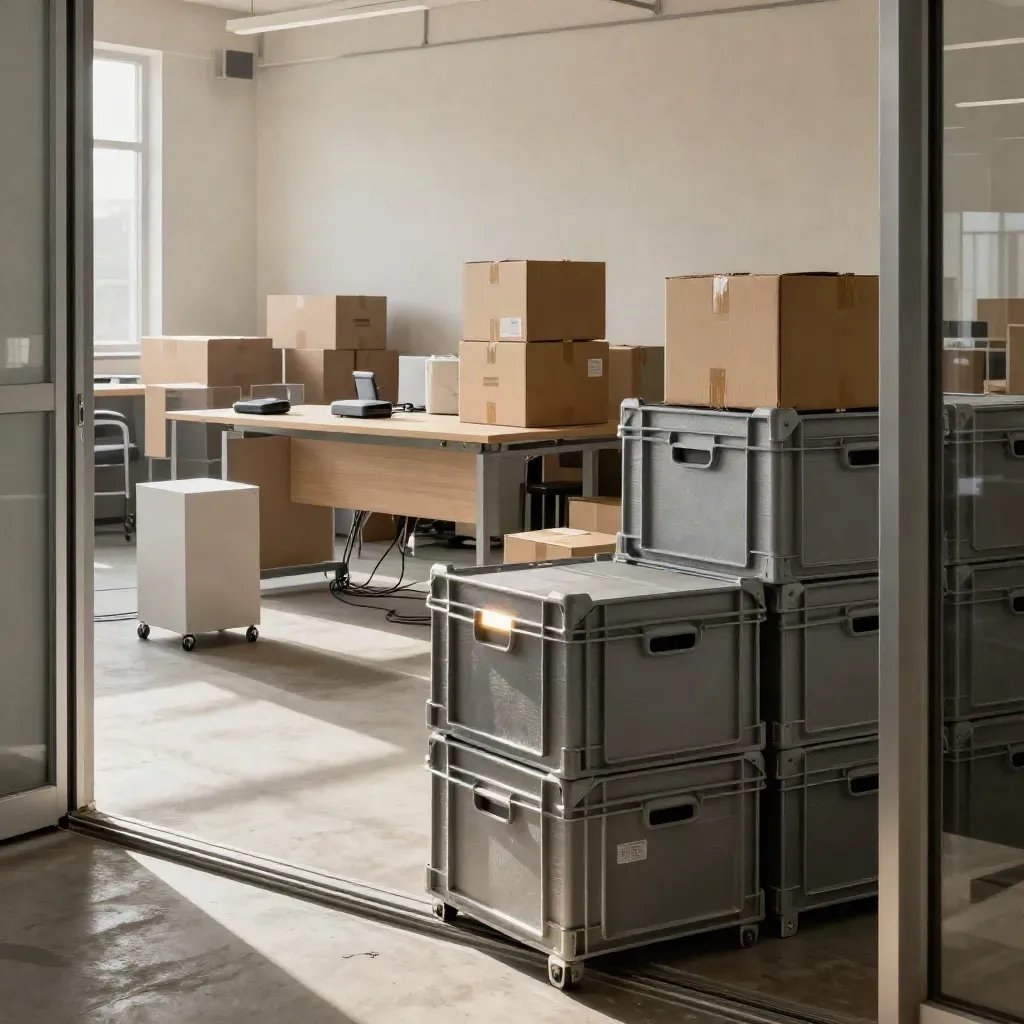 Leerer Berliner Büroraum nach dem Umzug mit Kisten und fertig eingerichteter Arbeitsstation.
