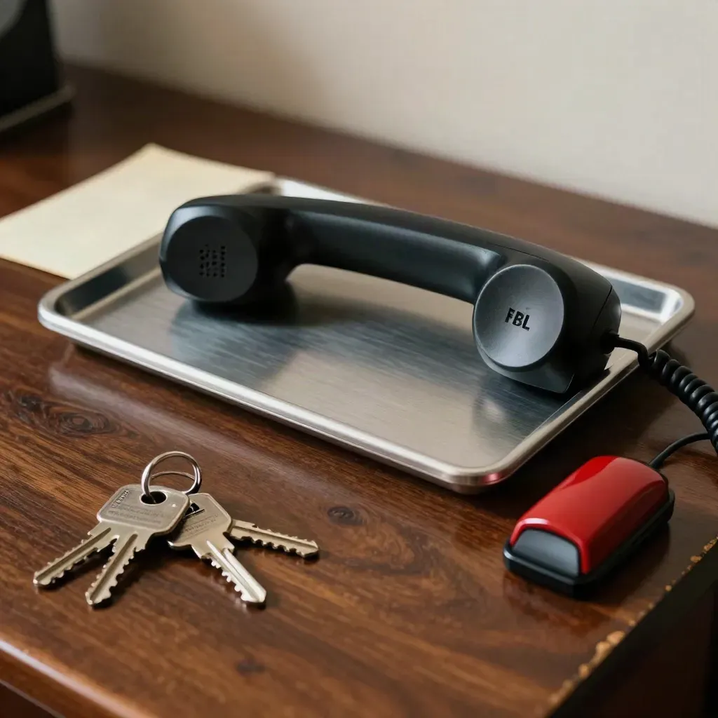 Dramatisches Stillleben mit Telefonhörer, Ablage, Schlüsselring und Tischklingel auf dunkler Eiche.
