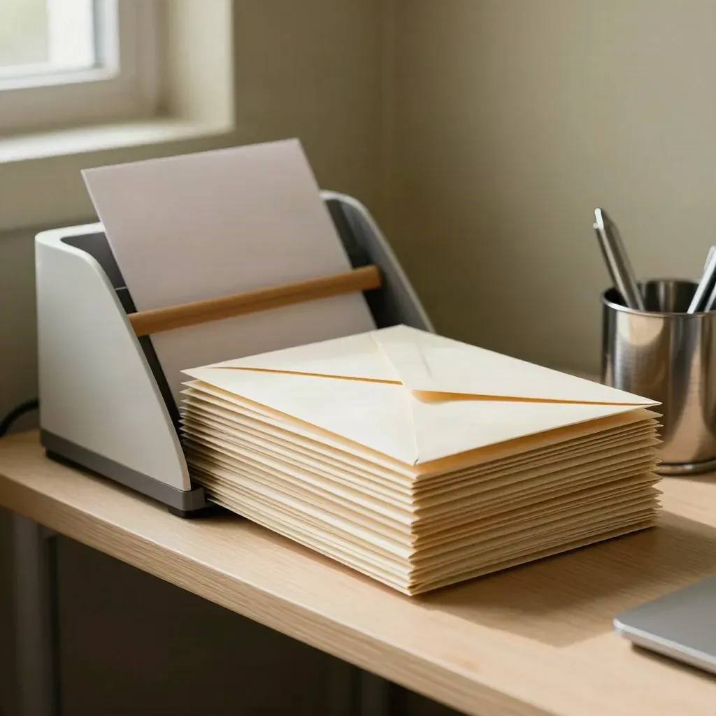 Mailsortierer mit Gummibändern, Briefstapel und Stiftebecher im Bürolicht.