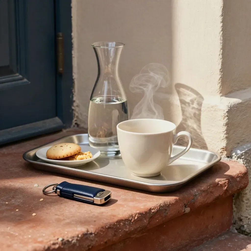 Service-Tablett mit Tasse, Glaskaraffe, Keksschale und Schlüsselanhänger am Eingang