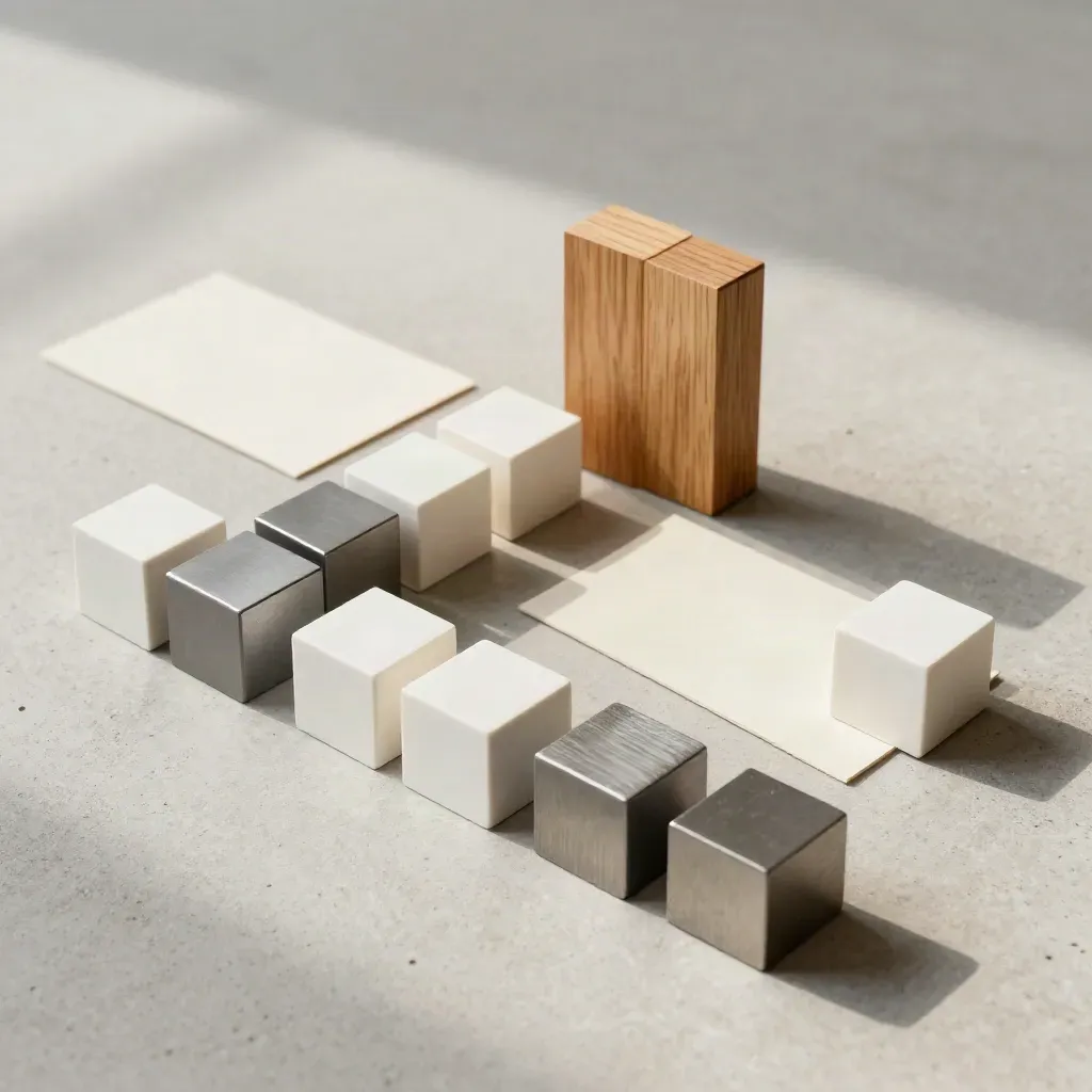 Magnetische Würfel, Blankokarten und Holztrenner auf hellem Beton