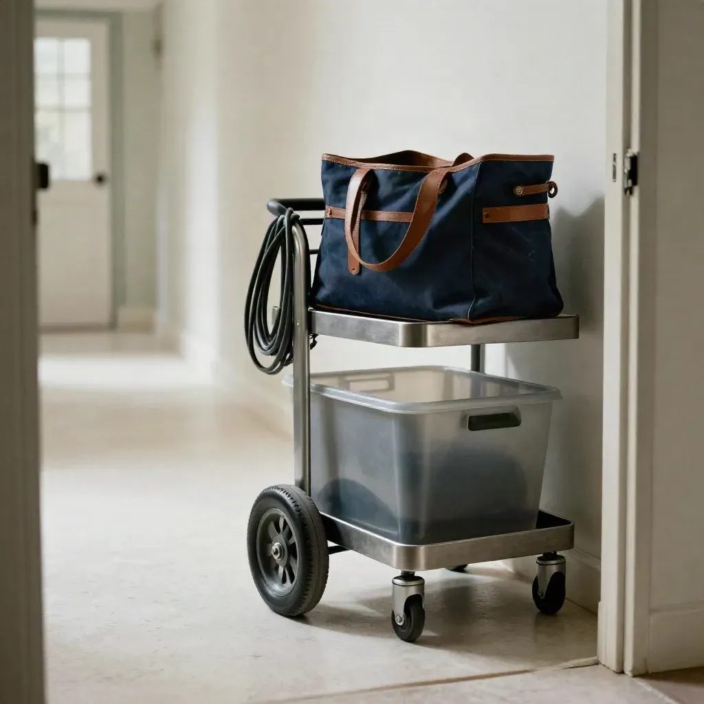 Rollwagen mit Kabel, Tasche und Stapelboxen im hellen Flurlicht