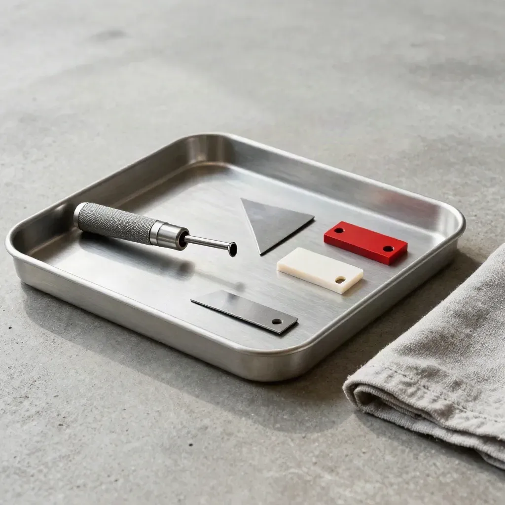 Brushed-Alu-Trays, kleine Taschenlampe und gestapelte Musterteile auf Betonplatte