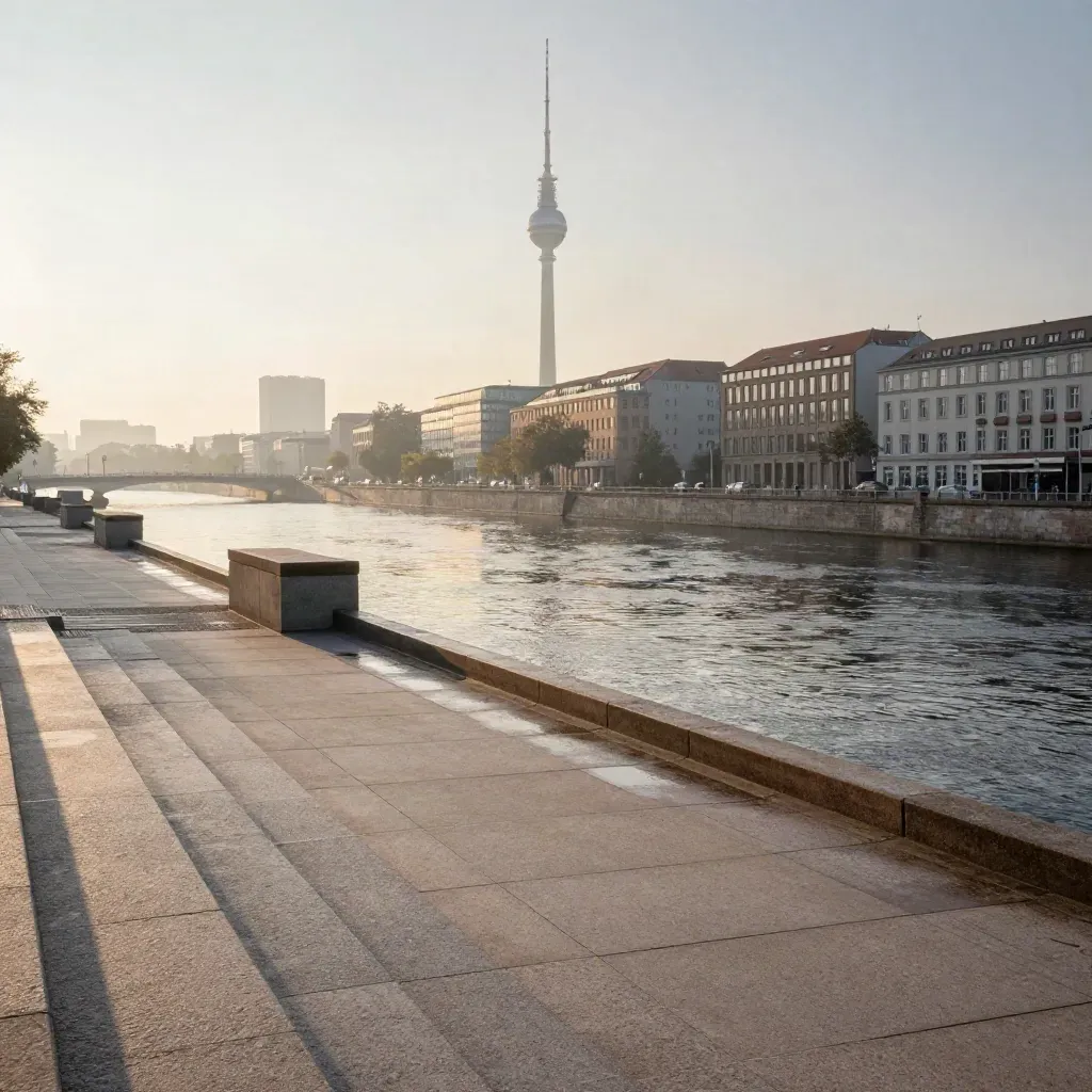Berliner Mitte im Morgenhauch mit Fernsehturm über der Spree und ruhigem Ufer im Vordergrund