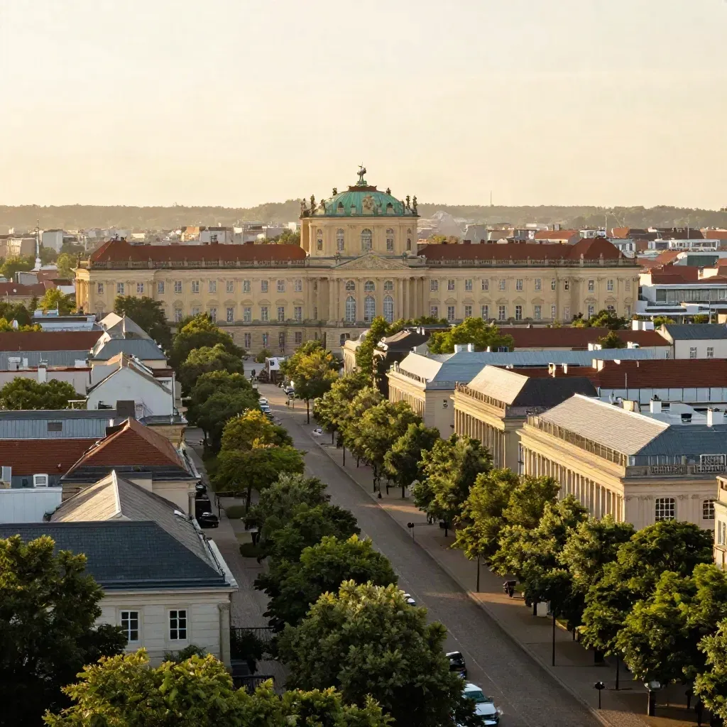 Blick über Charlottenburg mit Schlossroofline und warmem Abendlicht über ruhigen Baumkronen.