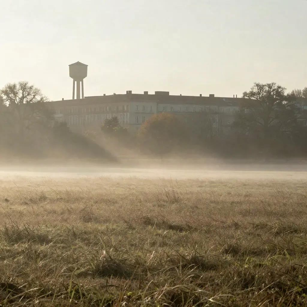 Berlin-Nord mit Pankower Dächern, Wasserturm und morgendlichem Dunst