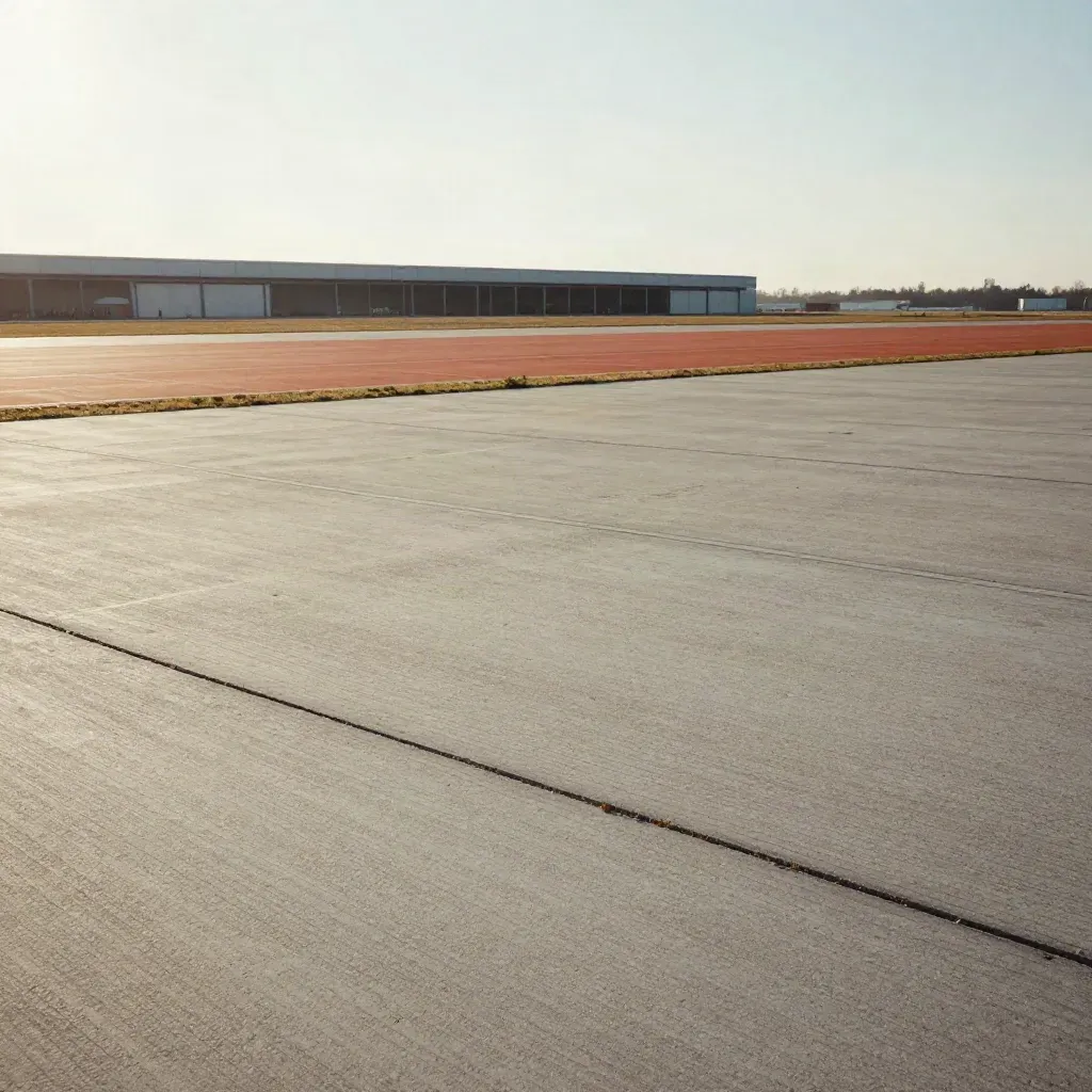 Weite Betonfläche am Tempelhofer Feld mit Hangarkante und warmem Himmel.