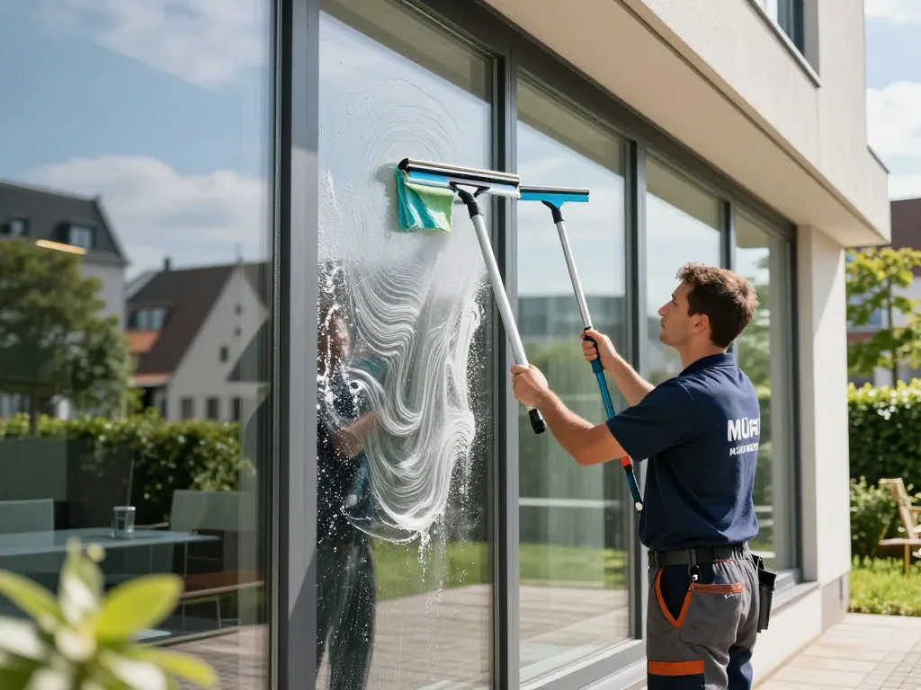 Professioneller Fensterreiniger führt Fenster- und Glasreinigung in Münster durch und zeigt die glänzenden Reflexionen in großen Glasfenstern.
