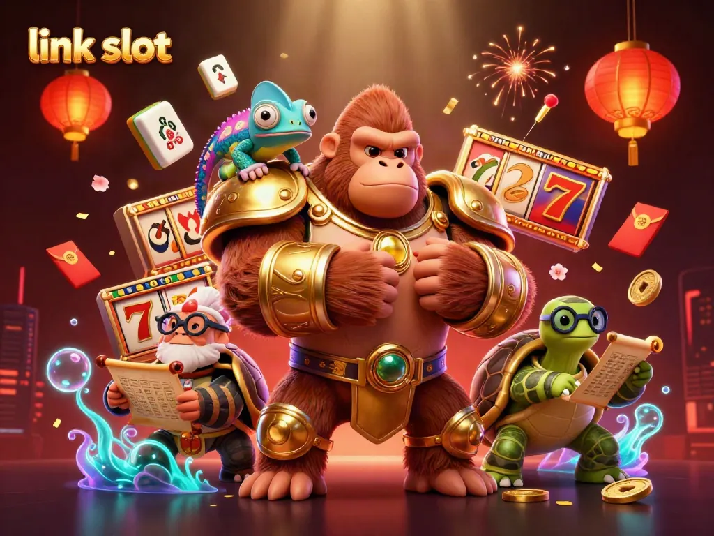 Engage with link slot to hit jackpots, featuring vibrant casino characters in 3D art.