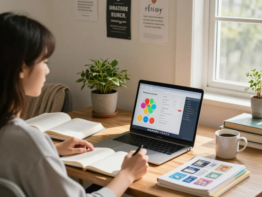 Student, der das Hausaufgaben KI kostenlos Tool in einem modernen Homeoffice mit Studienmaterialien verwendet.