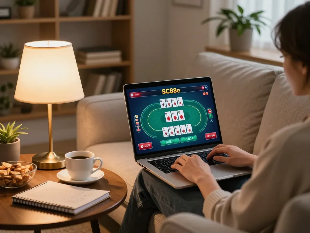 Person enjoying online casino gaming on SC88e platform from a cozy home setup with warm lighting.