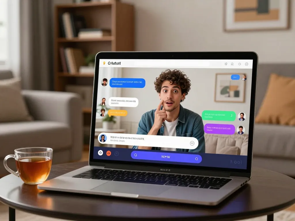 User enjoying a playful interaction with an NSFW chat bot on a stylish device in a cozy living room setting.