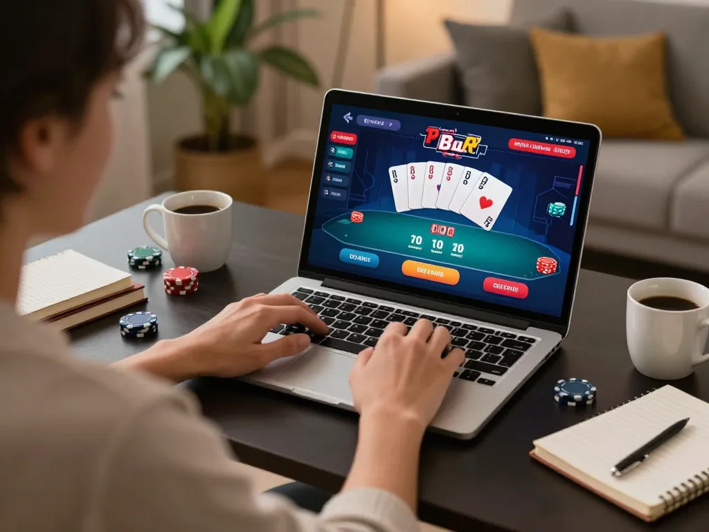 Playing online poker on 789betpa with a cozy home setup, showcasing modern gaming and strategy.