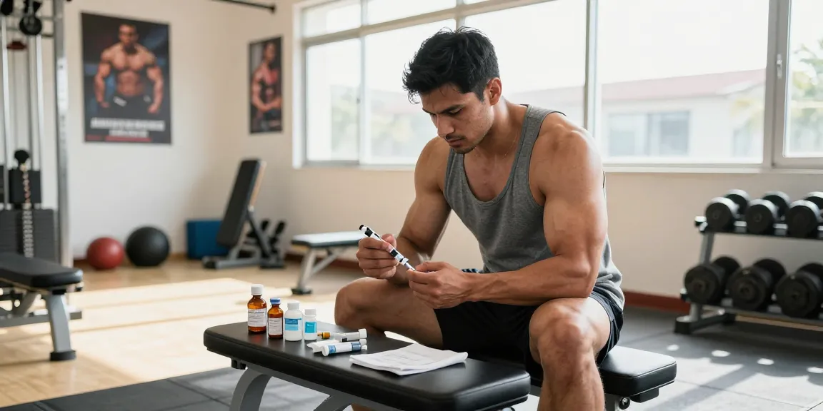 Anabolika Shop: Athlet bereitet sich auf die Injektion von Steroiden im Fitnessstudio vor.
