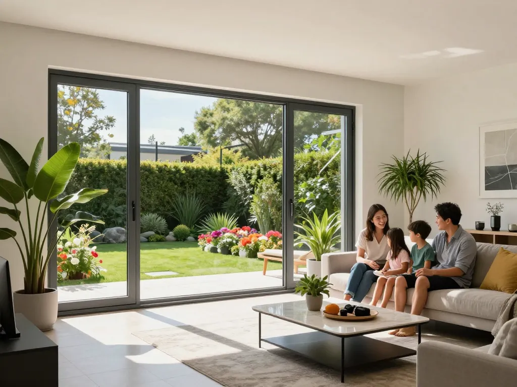 Hochwertige fenster schüco Fenster in einem modernen Zuhause mit einer Familie, die das natürliche Licht und die lebendige Gartenansicht genießt.