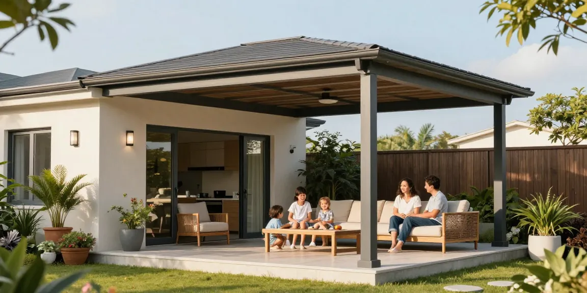 Freistehende Terrassenüberdachung auf einer gemütlichen Terrasse mit Familienaktivitäten.