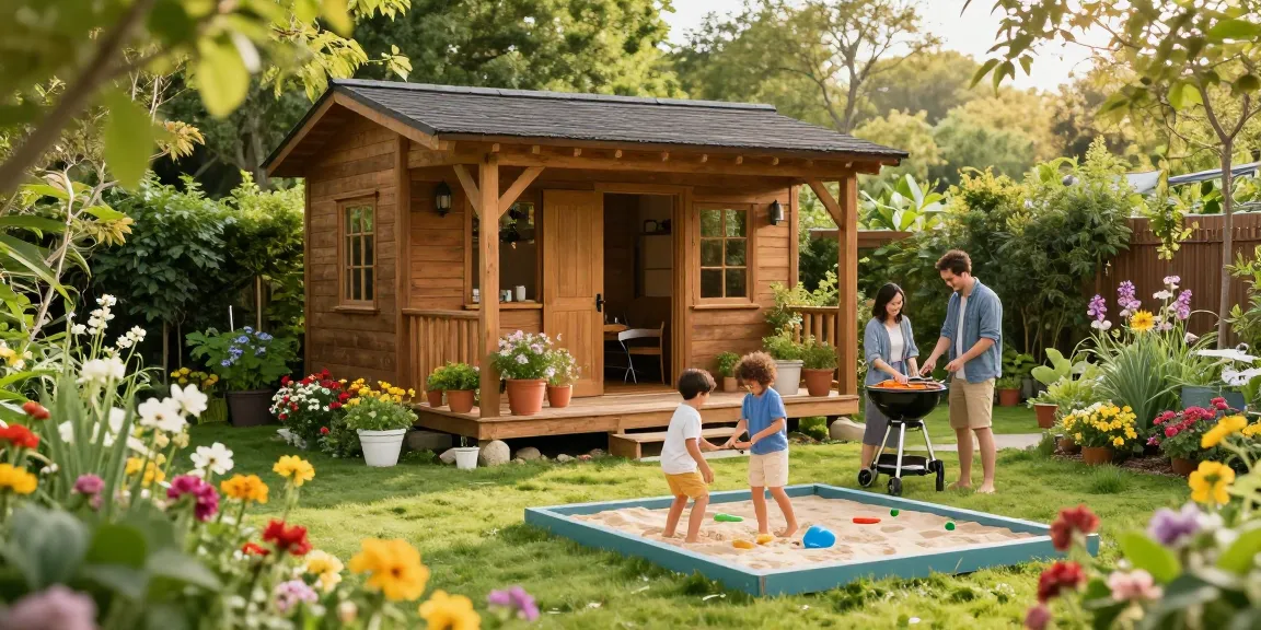 Garten Haus im idyllischen Garten mit Familie, Blumen und Spielbereich für Kinder.