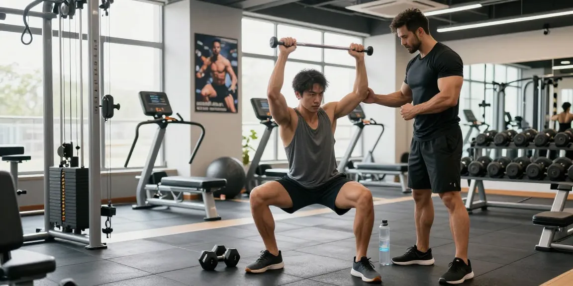 Medi Pharma Steroid Shop: Sportler beim Krafttraining in modernem Fitnessstudio mit motivierenden Postern und viel Tageslicht