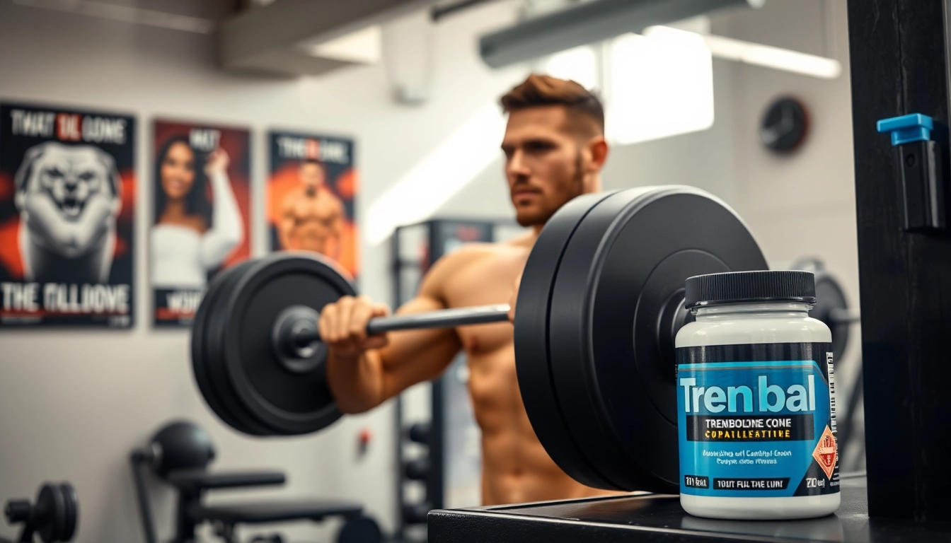 Trenobal Trenbolone Compound displayed in a modern gym with a focused athlete lifting weights.