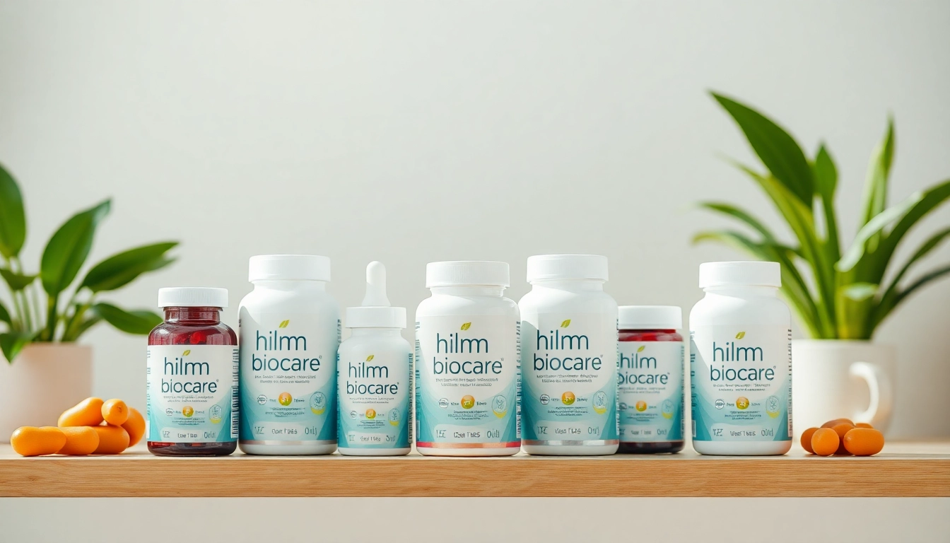 Hilma biocare Produkte auf einem stilvollen Regal mit sanfter Beleuchtung präsentieren.