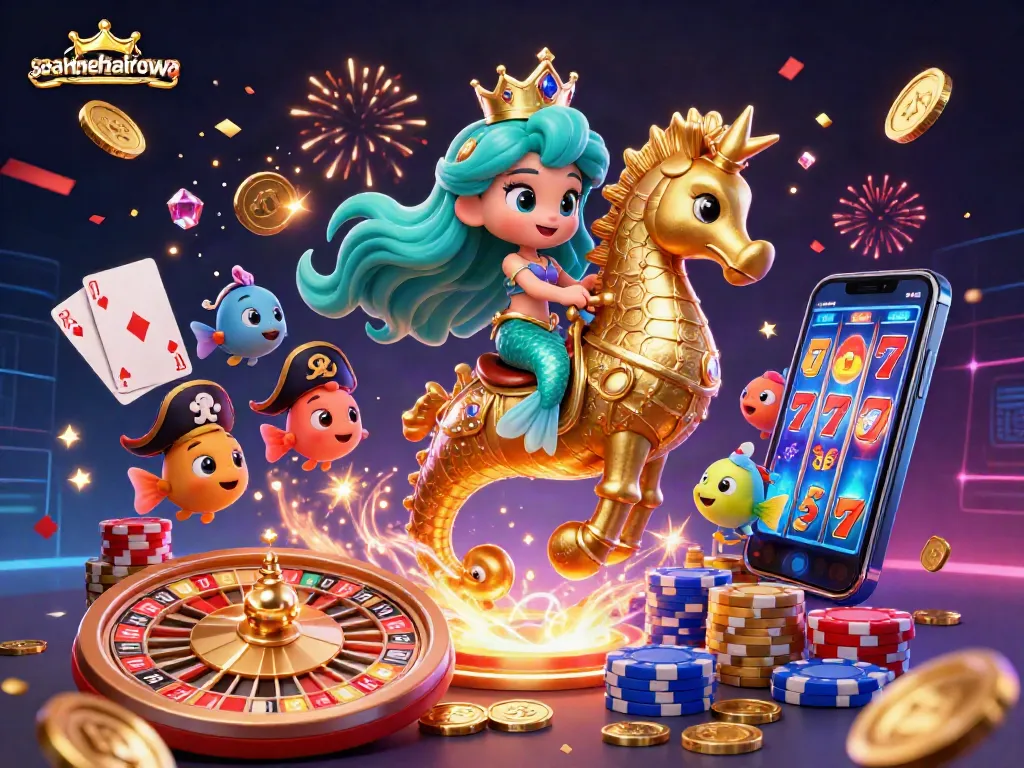 Experience thrilling gaming with soarbehaviorwa in this vibrant 3D illustration featuring a mermaid and a seahorse.