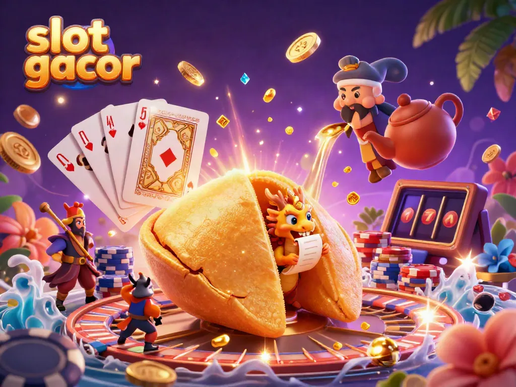 Experience slot gacor with vibrant 3D illustration featuring fortune cookie, dragon, and dynamic casino elements.