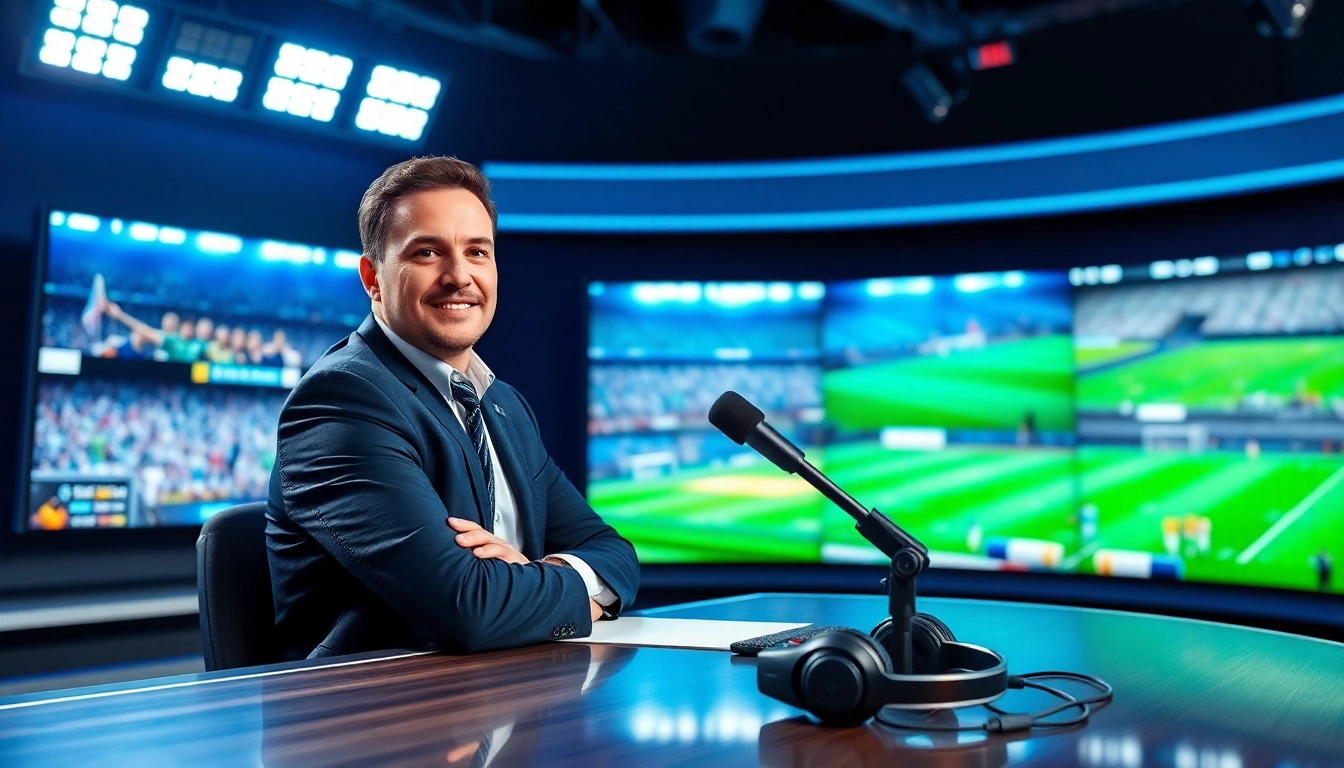 Engaging host in sports broadcasting studio delivering live coverage of exciting sports events.