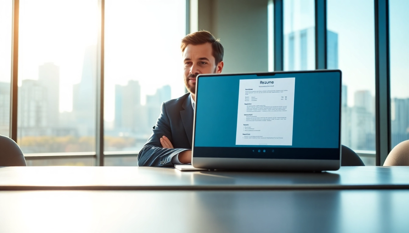 Headhunter Schweiz kommuniziert mit Kandidat über Videoanruf in modernem Büro.