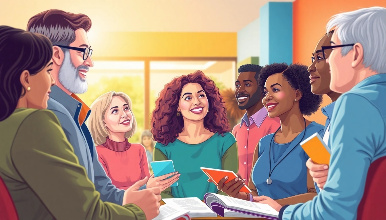 Promote mental health awareness with diverse individuals discussing in a supportive environment.