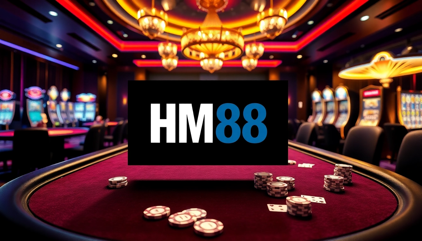 Experience the thrill of gambling with HM88 at a luxurious casino table filled with chips and cards.