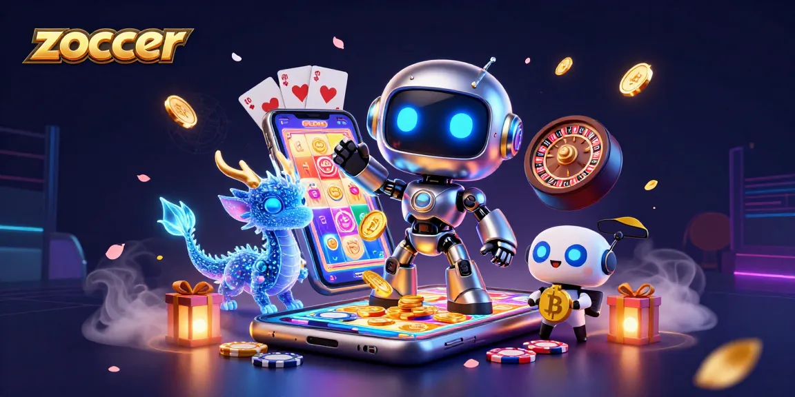 Zoccer casino illustration showcasing the excitement of gaming with a cyberpunk robot and vibrant slots.