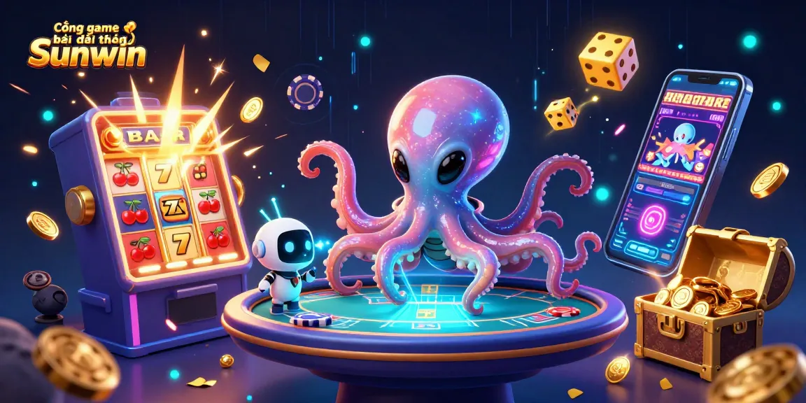 Cổng game bài đổi thưởng Sunwin showcases a vibrant 3D alien octopus at a poker table, surrounded by dynamic casino elements.